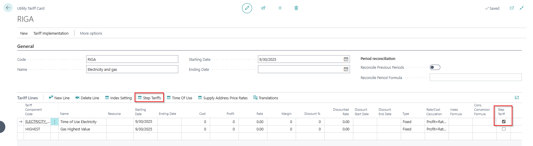 Utility Tariff Card with the Step Tariff checkbox selected.